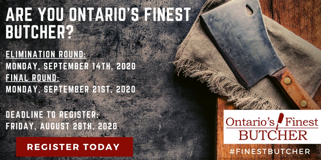 HomegrownOn's tweet photo. Are you Ontario’s Finest Butcher? Registration is now open to compete for the bragging rights as Ontario’s #FinestButcher. The elimination round will be held on Sept 14 at @HalendasMeats in Mississauga. Prizing to be announced. Register by Aug. 28. https://t.co/BM9OrQBdQX https://t.co/Wj1Rq93zrC