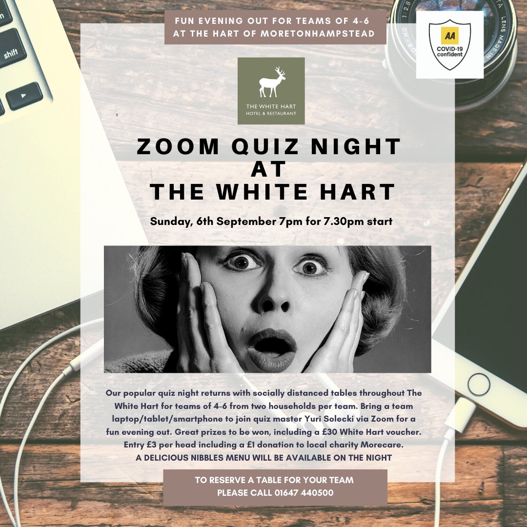 QUIZ NIGHT RETURNS! Sunday 6th September 7pm for a 7.30pm start. Socially distanced tables for teams of 4-6 from two households/team. Bring a laptop/tablet/smartphone to join quiz master Yuri Solecki via Zoom for a fun evening out. To reserve a table for call 01647 #Dartmoor