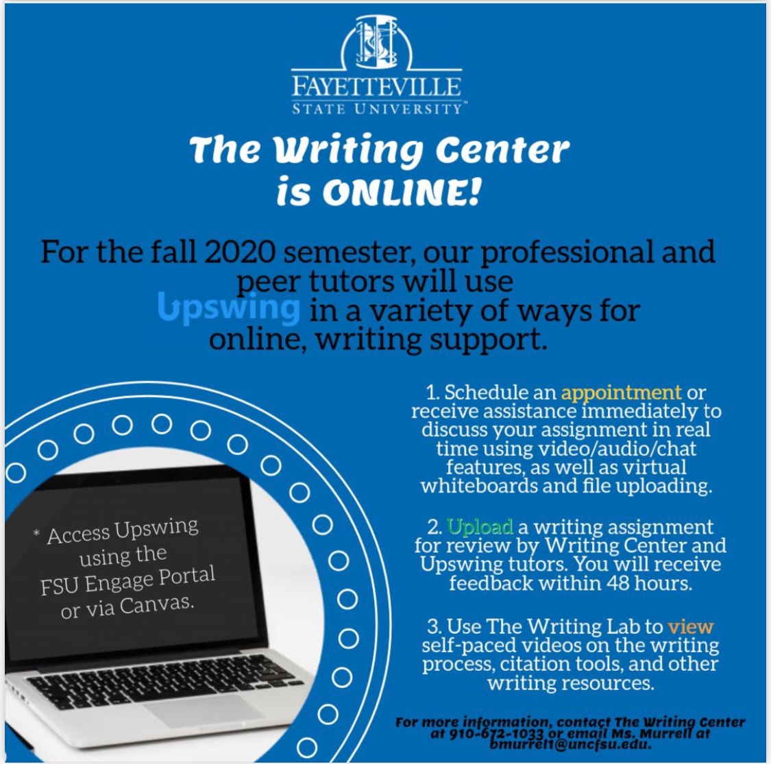 fsu_wrctr's tweet photo. The Writing Center is online for the fall 2020 semester! Visit our tutors on Upswing today! #uncfsu #faystate #universitycollege #tutoring #TheWritingCenter #TheWRITEplace https://t.co/OVNBaCA9pE