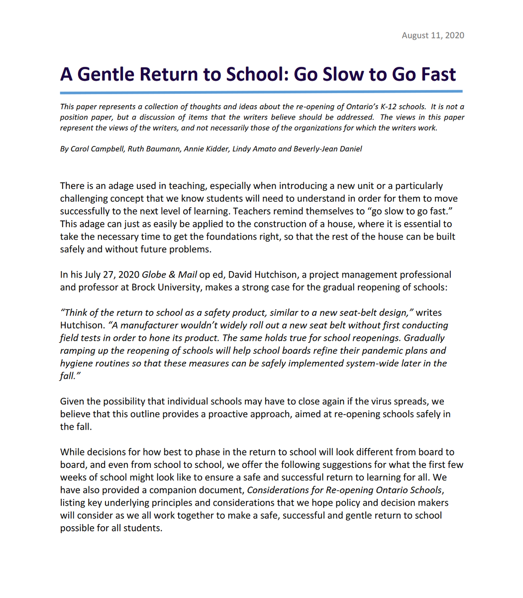 While priority for if/when to re-open schools must be  #COVID19 evidence & ensuring safety; it is necessary to also consider changes to support teaching, learning, equity & well-being for 2020-21 school year. We are advocating for a  #GentleReturn Thread 1/  https://www.oise.utoronto.ca/preview/lhae/UserFiles/File/Gentle_Reopening_of_Ontario_Schools-2020.pdf