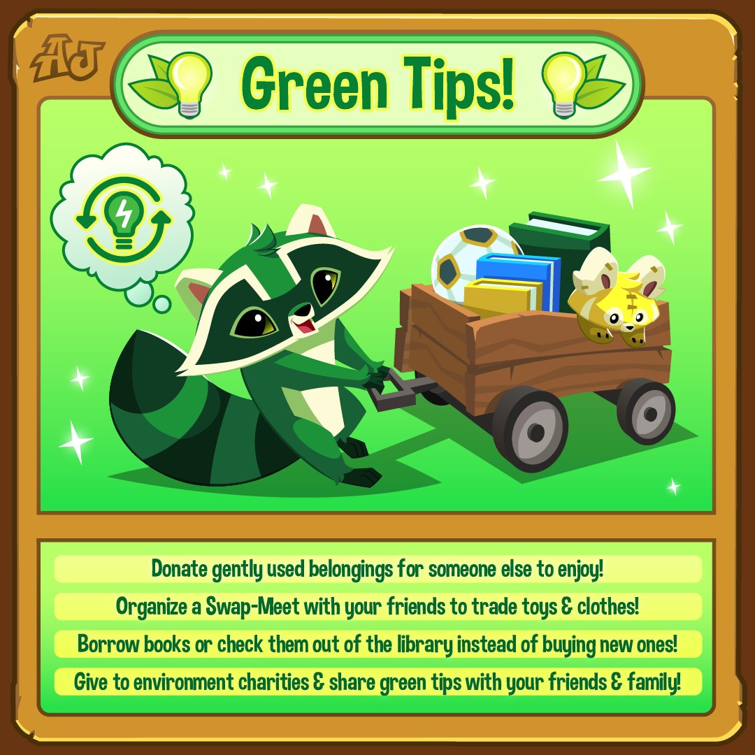 It's #GreenTipsTuesday! In honor of #PlayingforthePlanet we'll be sharing tips on how YOU can go green from home! Reduce waste by donating items you are no longer using! Sharing and giving is a great way to promote reusing and can even help save you money!

#AnimalJam