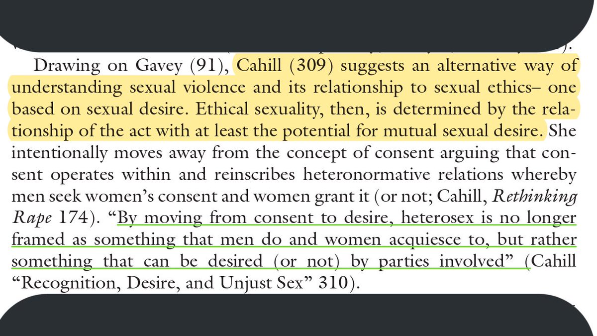 Ethical sexuality "is determined by the relationship of the act w/ at least the potential for mutual sexual desire...'By moving from consent to desire, heterosex is no longer framed as something that men do & women acquiesce to, but rather something that can be desired (or not)'