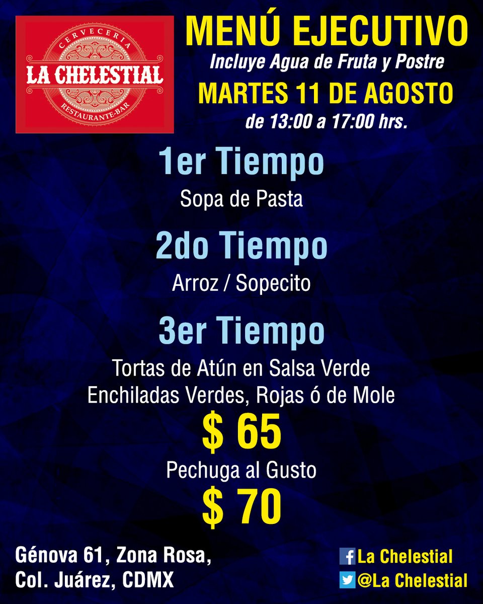 #Martes de #MenúEjecutivo en #LaChelestial, ven y disfruta de nuestro inigualable sabor, arrancamos a las 13 hrs. ¡No faltes!