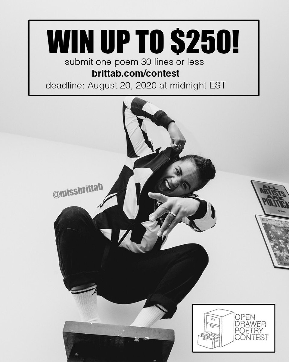 I never internet anymore. But this contest keeps me coming back...

Giving my biggest prize yet: $250 bc summer is ending &amp; we all need new books. Share with a closet poet or your favourite poet. No matter how many poems I read, I want more. 

guidelines: brittab.com/contest