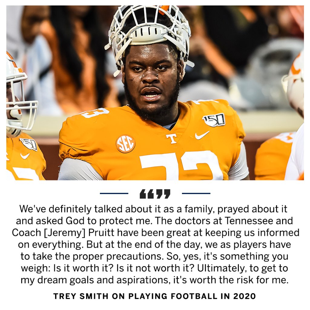 SECNetwork's tweet photo. .@TreySmith73, who fought back from blood clots in his lungs to earn first-team All-SEC honors a year ago, wants to play in 2020. https://t.co/ymxt1PMYGF https://t.co/CtlOBWu5M4
