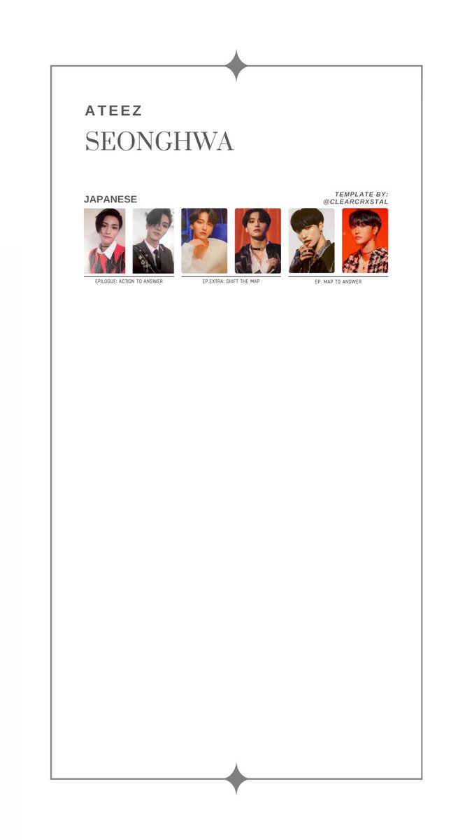 clearcrxstal's tweet photo. updated ateez individual member pc / photocard wishlist template

all korean album / mmt / japanese cards

Please do not crop/remove/edit my username out!

Seonghwa; Hongjoong
[repost; with better pics] https://t.co/9SNmM4f7Ti