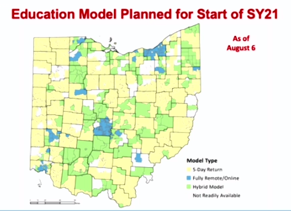 ARobbinsTV's tweet photo. Here is a map from the Department of Education to show who is all going back to school in person, hybrid or remote here in Ohio. @nbc4i https://t.co/1J4wJphFG3