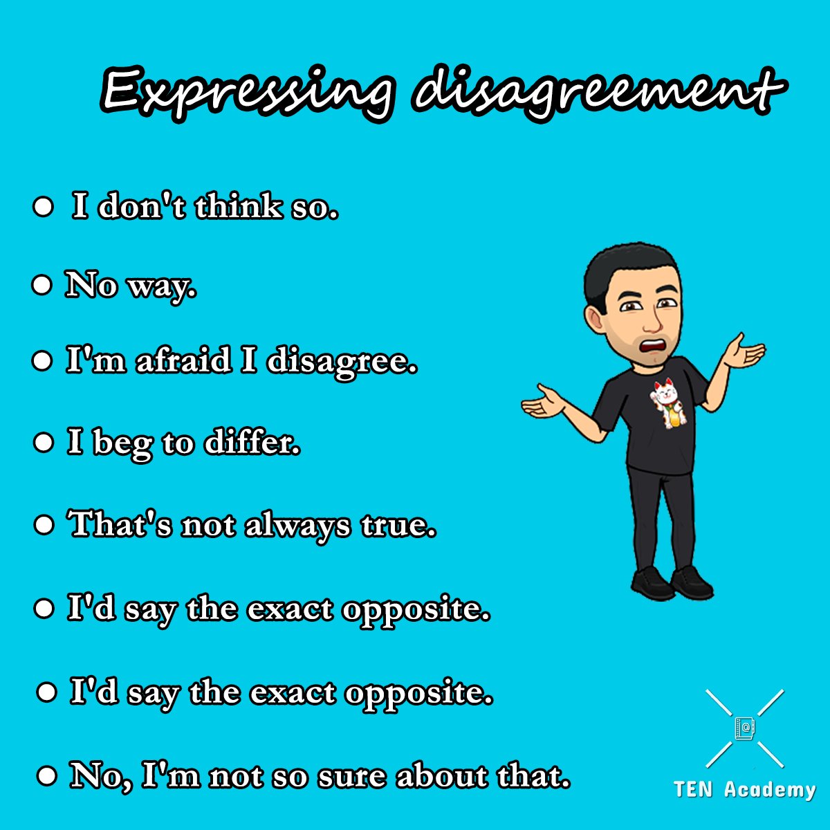 🙅 Express your disagreement! 🙅‍♂️
Check our web for more content! 👈
bit.ly/3g5ncZB 📲

#TENAcademy #englishtips #onlinelessons #onlineclasses #academy #languages