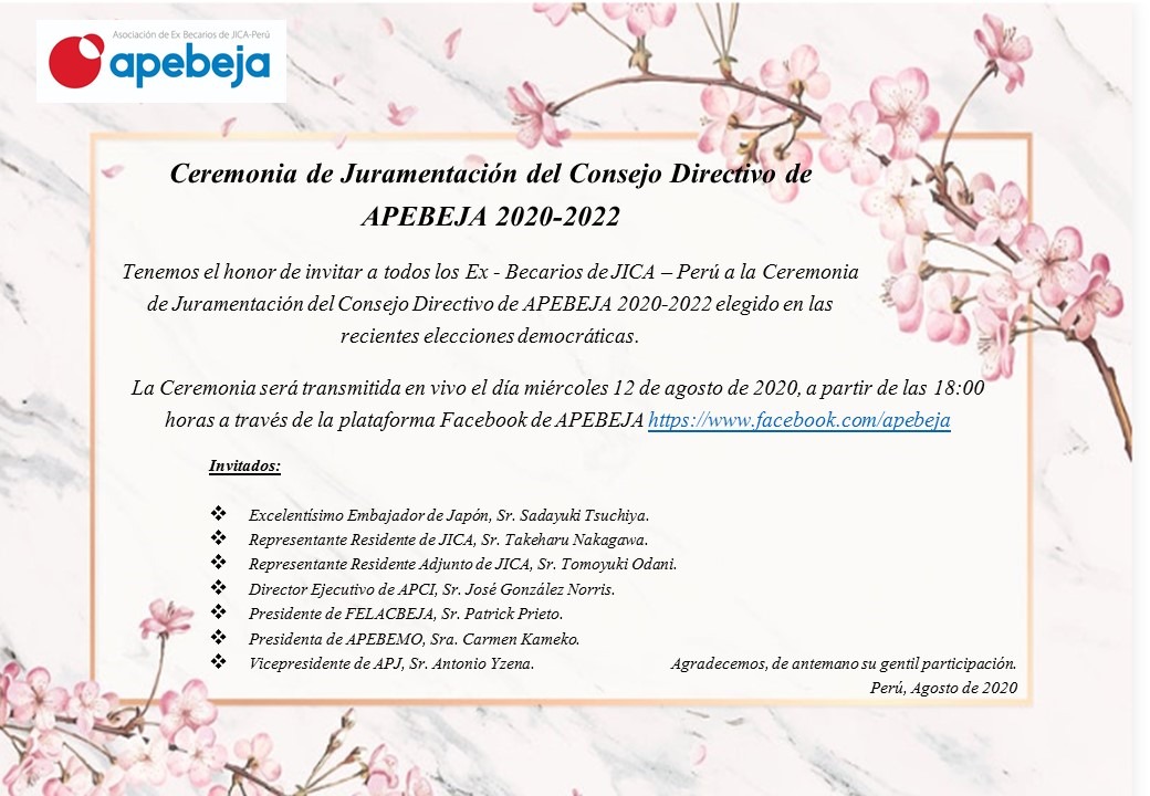 apebeja's tweet photo. Invitamos a todos los Ex Becarios JICA y apebejistas este 12 de agosto a las 18:00 horas a la juramentación del nuevo Consejo Directivo 2020-2022 de la Asociación de Ex Becarios de JICA-Perú, a transmitirse en vivo vía el perfil institucional en Facebook: https://t.co/Fy9Cu3XCL2 https://t.co/Z4nvE4cWdo