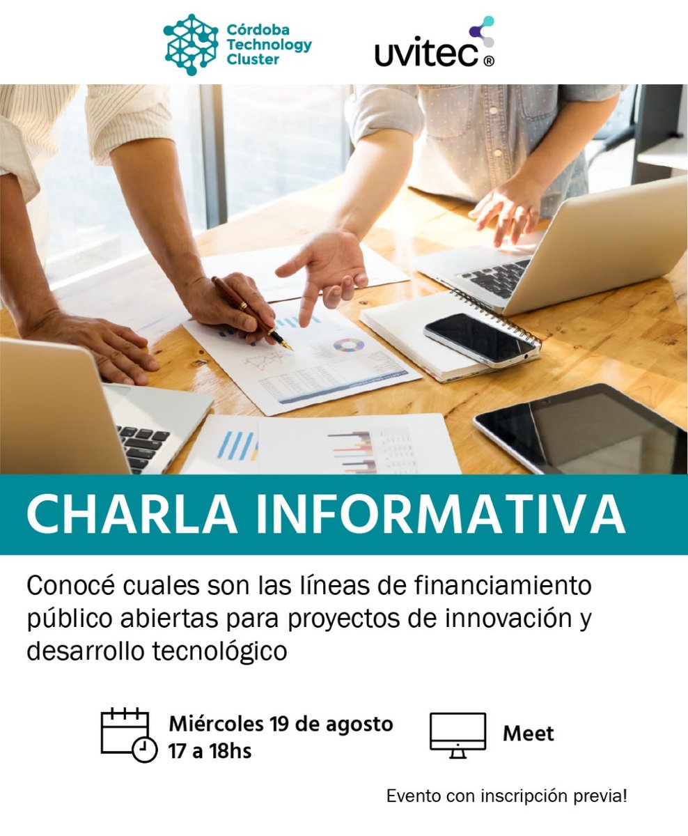 [INVITACIÓN] Charla “Presentación de líneas de financiamiento para Desarrollo Tecnológico”

📌MIÉRCOLES 19/08
⏰17 hs.
➡️Encuentro online. Cupos limitados.
➡️Info e inscripciones: url2.cl/6chjZ

<a href="/ClusterCba/">Córdoba Cluster</a>  junto a <a href="/UVITEC/">Fundación UVITEC</a> 

#CTC  #SiempreConectados