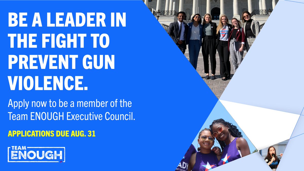 Our <a href="/Team_Enough/">Team ENOUGH</a> program is mobilizing young people to end gun violence. Applications are open now:

🗣️ Join Our Executive Council
teamenough.org/executive-coun…

🏛️ Join Our Lobbying Collectives
teamenough.org/lobbying-colle…

Please RT &amp; share with youth activists you know! #EndGunViolence
