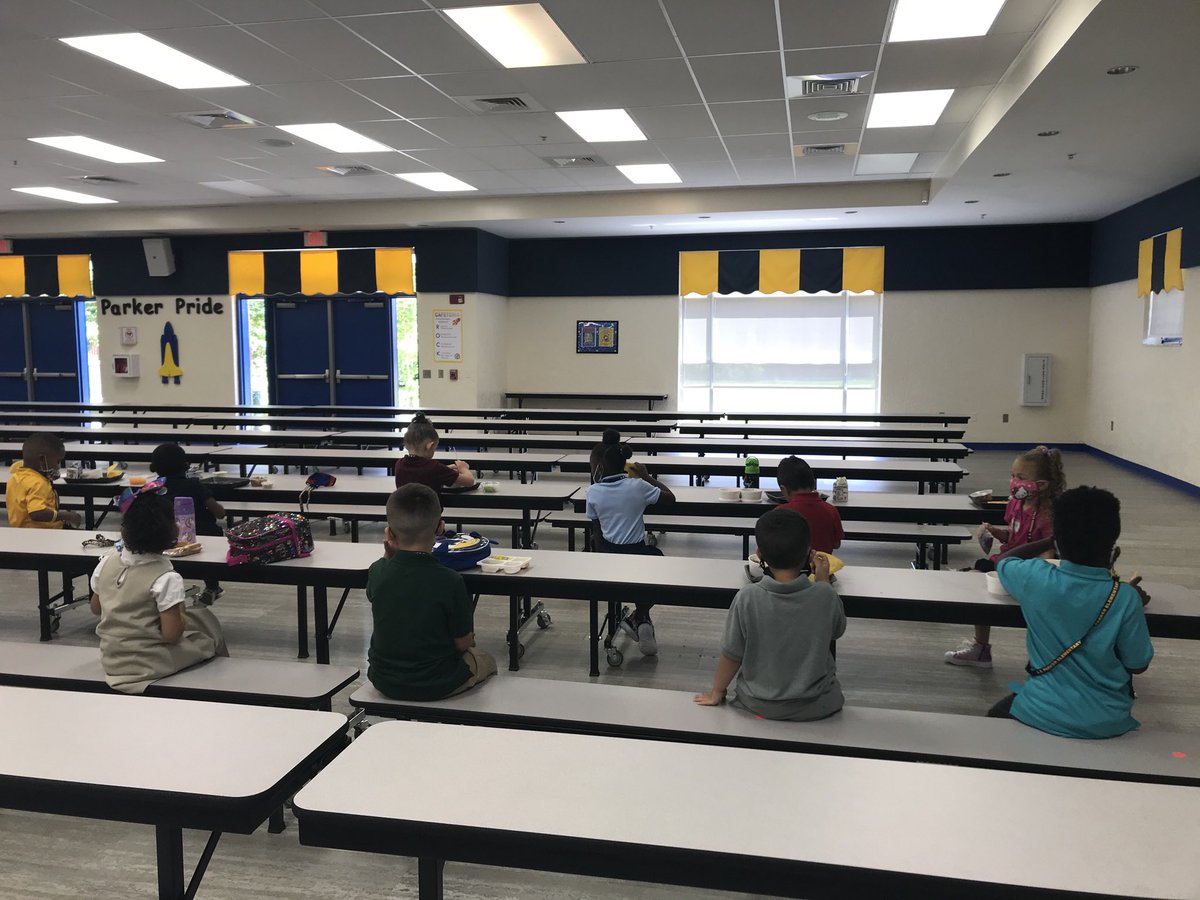 This is what Social distancing looks like in the school cafeteria. Great job, students and staff!