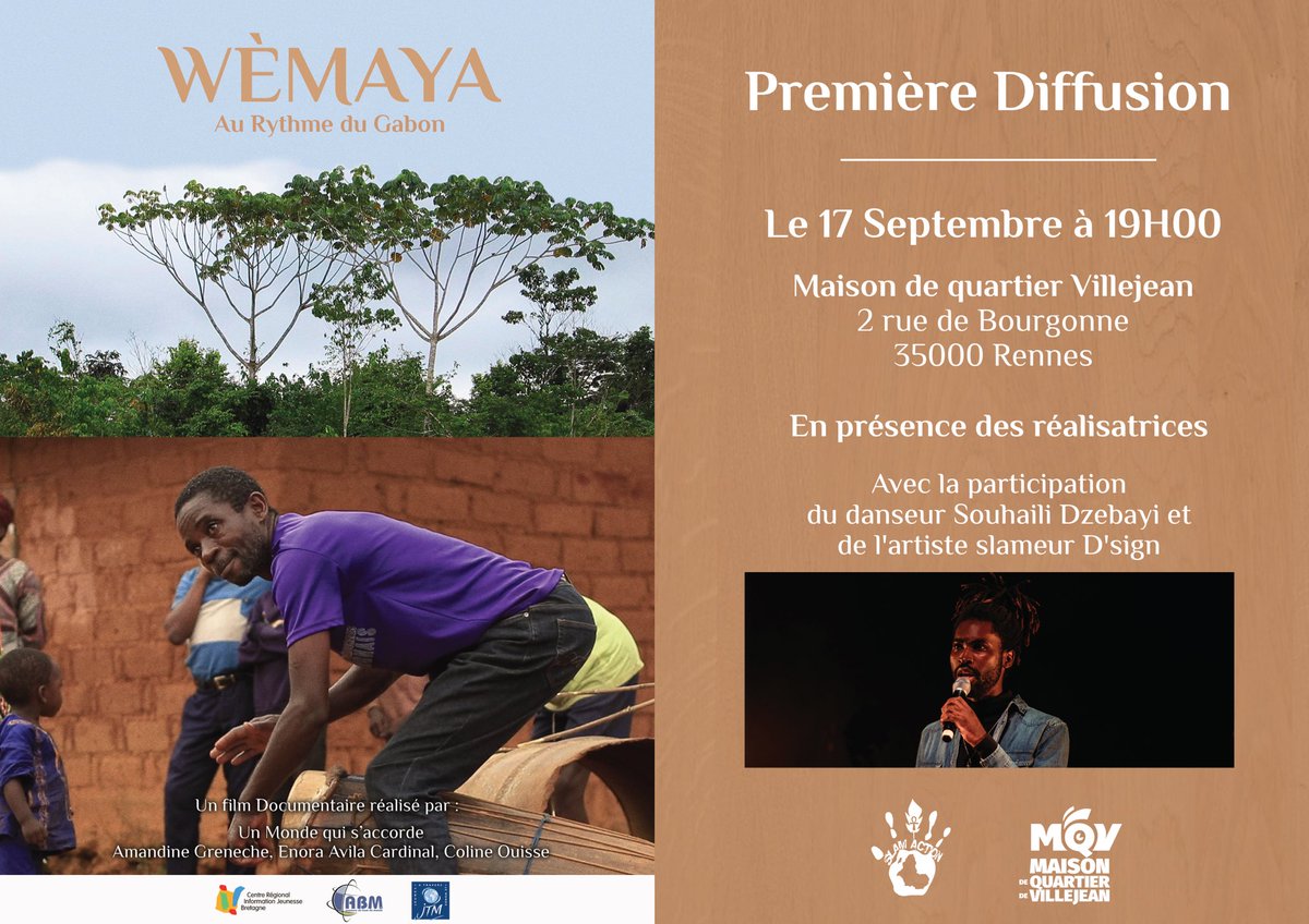 tat_koumb's tweet photo. 𝐑𝐄𝐍𝐃𝐄𝐙-𝐕𝐎𝐔𝐒 🌳🐝
Retrouvez-moi le jeudi 17 septembre à Rennes pour la Première du film #WÈMAYA, réalisé par Un Monde qui s'accorde - #GABON. Avec le concours de @slamaction Cliquez ici => https://t.co/epU0WFSInW #culture #Gabon #misique #tradition https://t.co/kJEDw0qcZ5