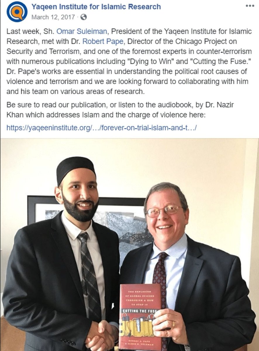 10. Yaqeen's President Omar Soleiman, like Dalia Mogahed, are normalising Muslim collaboration with leading proponents of CVE.Do you want this normalised?Here is Omar with Robert Paper Director of CPOST, and Yaqeen promising future collaboration.