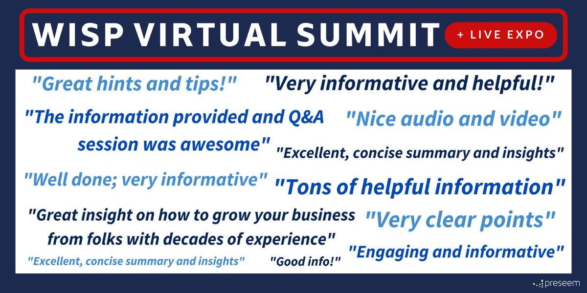 preseem's tweet image. Attendee feedback about the #WISPVirtualSummit has been amazing! 

Check out a recap of the Summit on our blog: preseem.com/2020/07/wisp-v…

#WISPVirtualSummit2020 #WISPs #FixedWireless #Preseem #WISPA #Networking