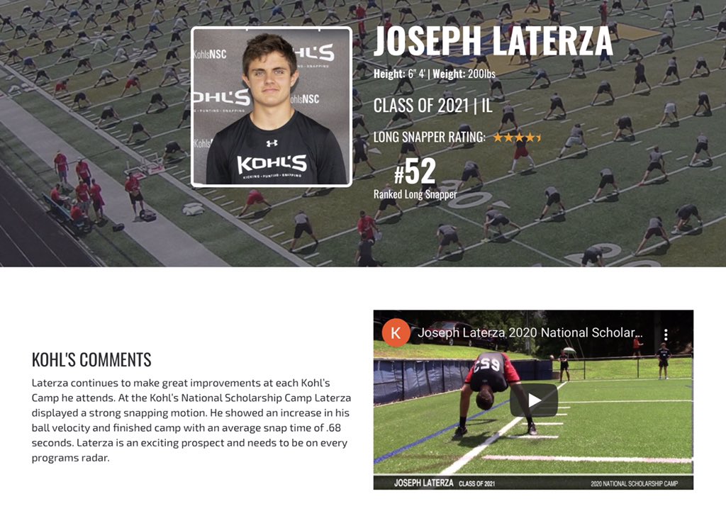 laterza_joe's tweet photo. #52 Longsnapper in the nation (never have had any formal training), “Laterza is an exciting prospect and needs to be on every programs radar.” Big thanks to @KohlsSnapping and @KohlsKicking for giving me the opportunity to show what I’ve got! https://t.co/9JT8qJUKGP