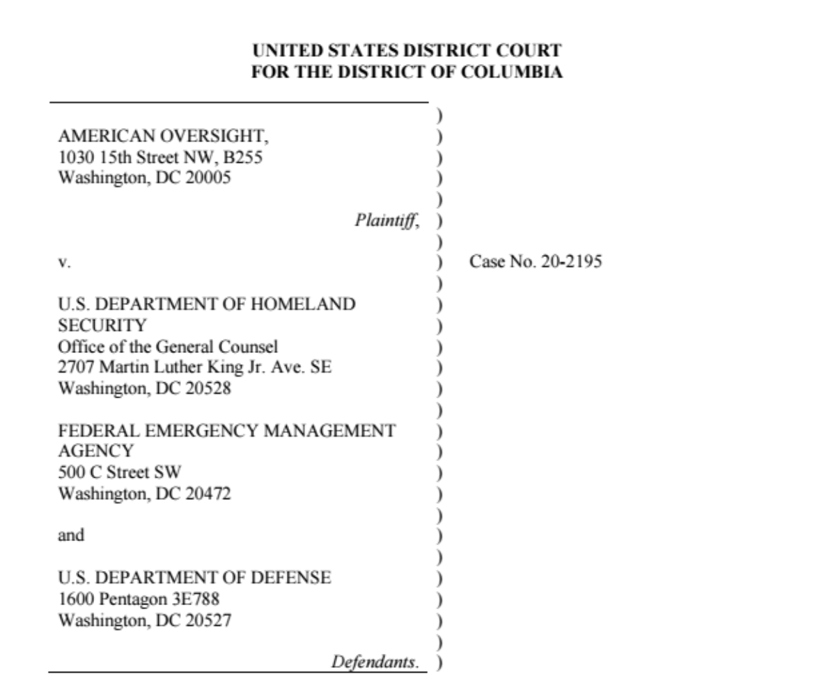 NEW LAWSUIT: We’re suing DHS, FEMA, and DOD for records related to the COVID-19 Supply Chain Task Force and the federal government’s inability to coordinate a national strategy.  #FOIA https://www.americanoversight.org/document/complaint-american-oversight-v-dhs-fema-and-dod-covid-19-supply-chain-task-force-and-equipment-seizure