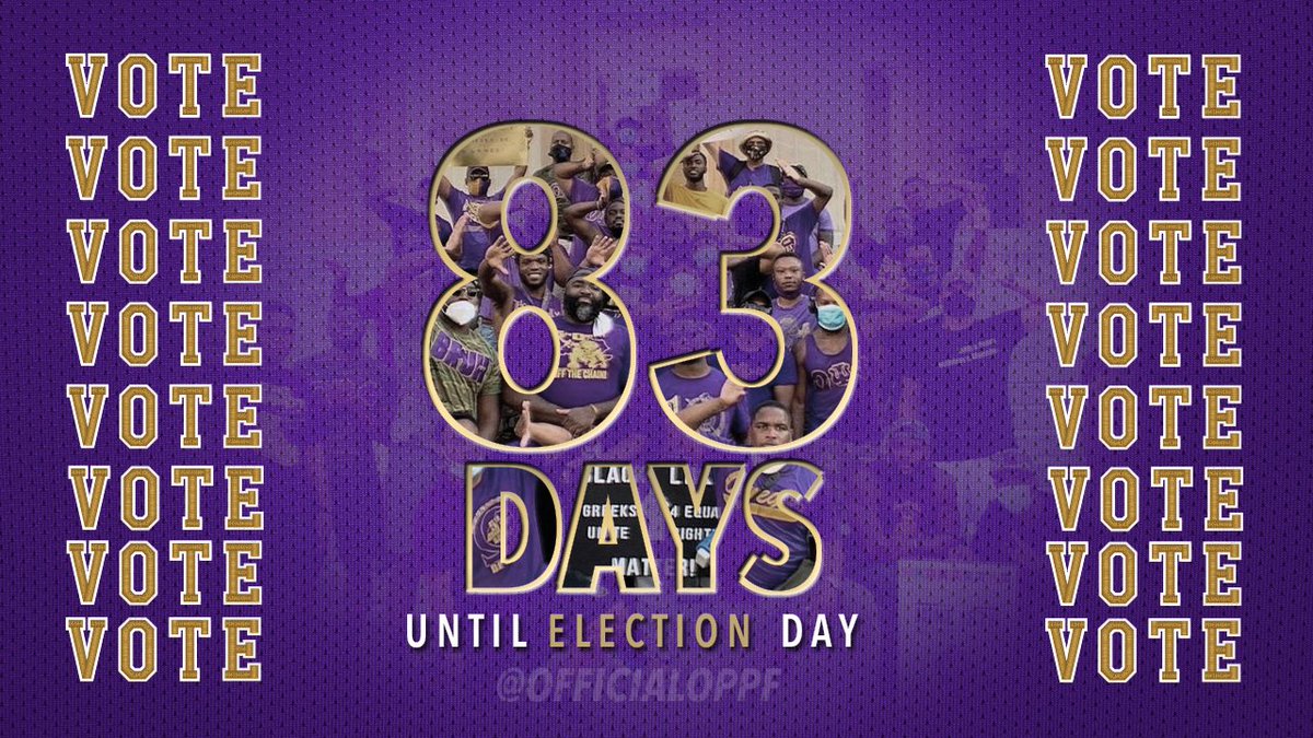 There are 83 days until the BIG election, but don't wait until then --> 🗳️ Vote in your State Primaries (4 today)  ✅ Check your registration ✅ Vote by Mail  ✅ Sign up to get Election Reminders! Go to vote.org #OmegaPsiPhi #Vote #VREM