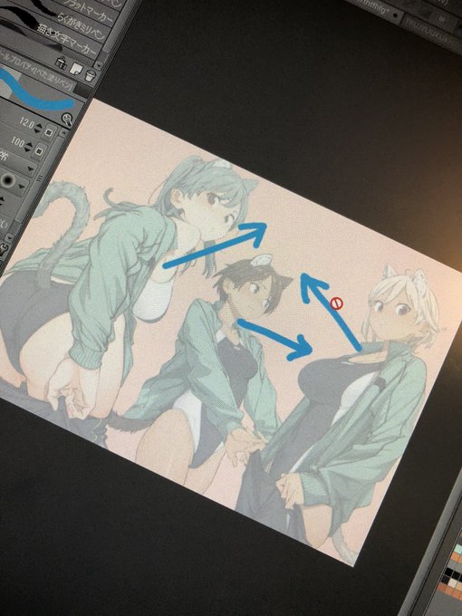 しかし、目線変えてしまうと絵の構成が変化してしまう気がします。左2人が似たような感じになって、偏りがあるような…
?(;‾ェ‾)考えすぎですかね💦 