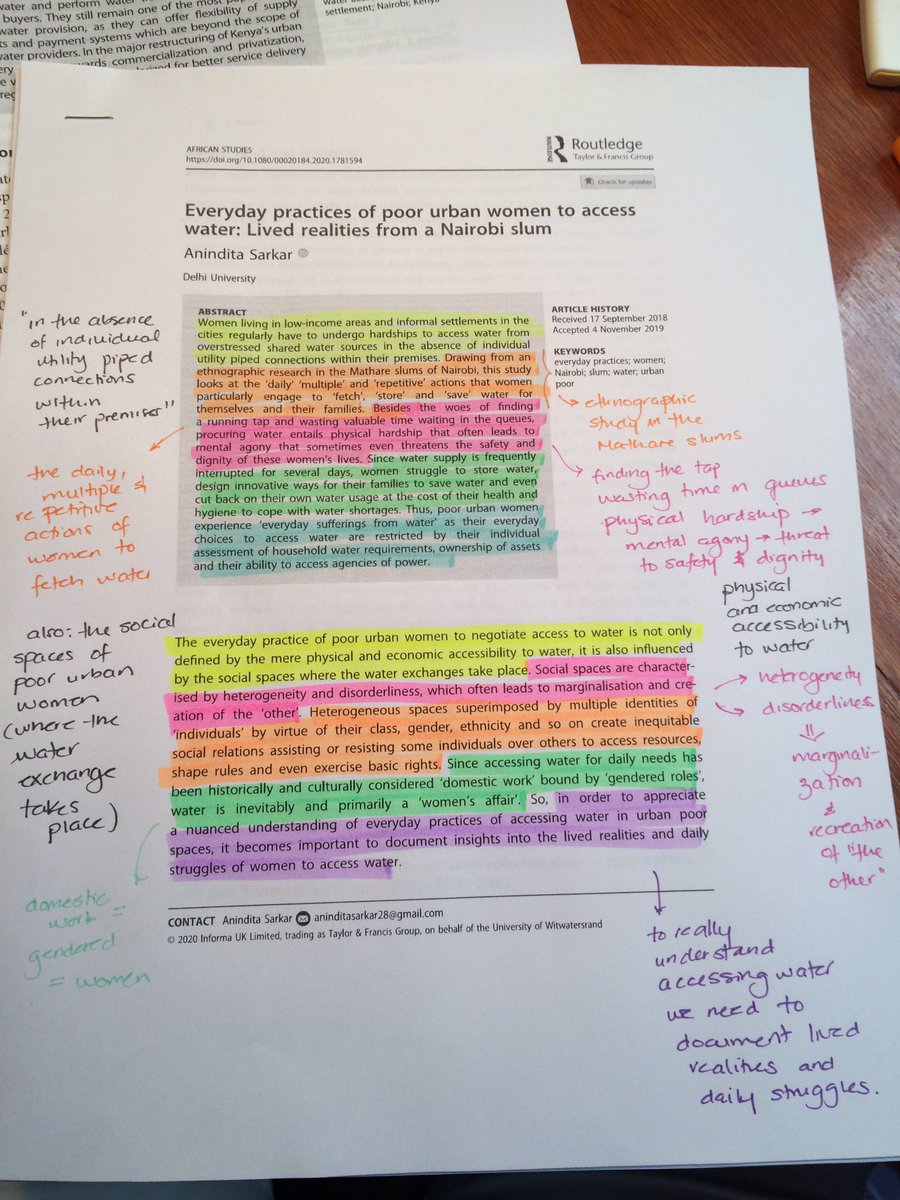 I had intended to write this thread a while ago but reading this article by Anindita Sarkar really cemented in me the importance of showing how to write good paragraphs. The paragraph I highlighted has a central idea: to understand water access you need a gendered lens.