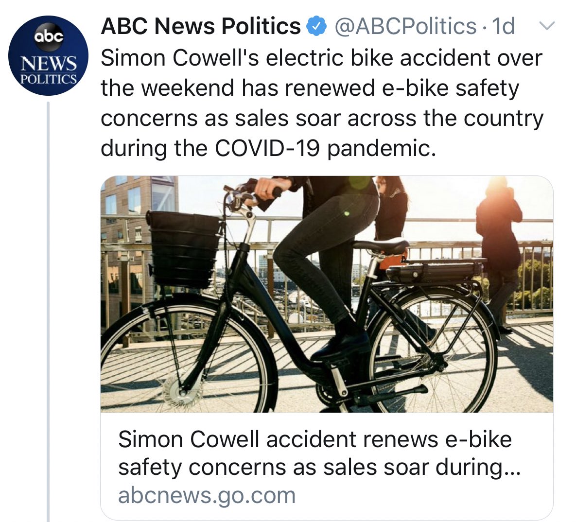 The electric moterbike for trails on the left is the one  #SimonCowell had his accident on. It’s not an e-bike. Now note the upright e-bike used in the media story on the right — literally the safest e-bike design to ride, designed to get around cities.See the problem, media?