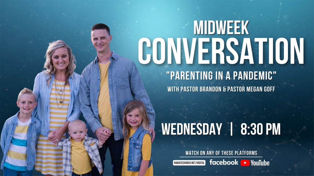 RadiateChurch's tweet photo. Parents! This one is for YOU! Join your Pastors LIVE tomorrow night as we discuss topic: "Parenting in a Pandemic"
.
8:30 PM EST
https://t.co/WP34KRaUMK 
.
#radiatechurch #radiatedigital #radiatechurchonline #kcstrong #parenting #pandemic https://t.co/lMuzLHi73C
