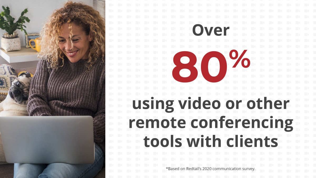 RedtailCRM's tweet photo. According to Redtail’s 2020 AdvisorComm survey, over 80% of advisors have adapted to using video or other remote conferencing tools to communicate with their clients. #FearlessWeek https://t.co/A3Iri0erzd