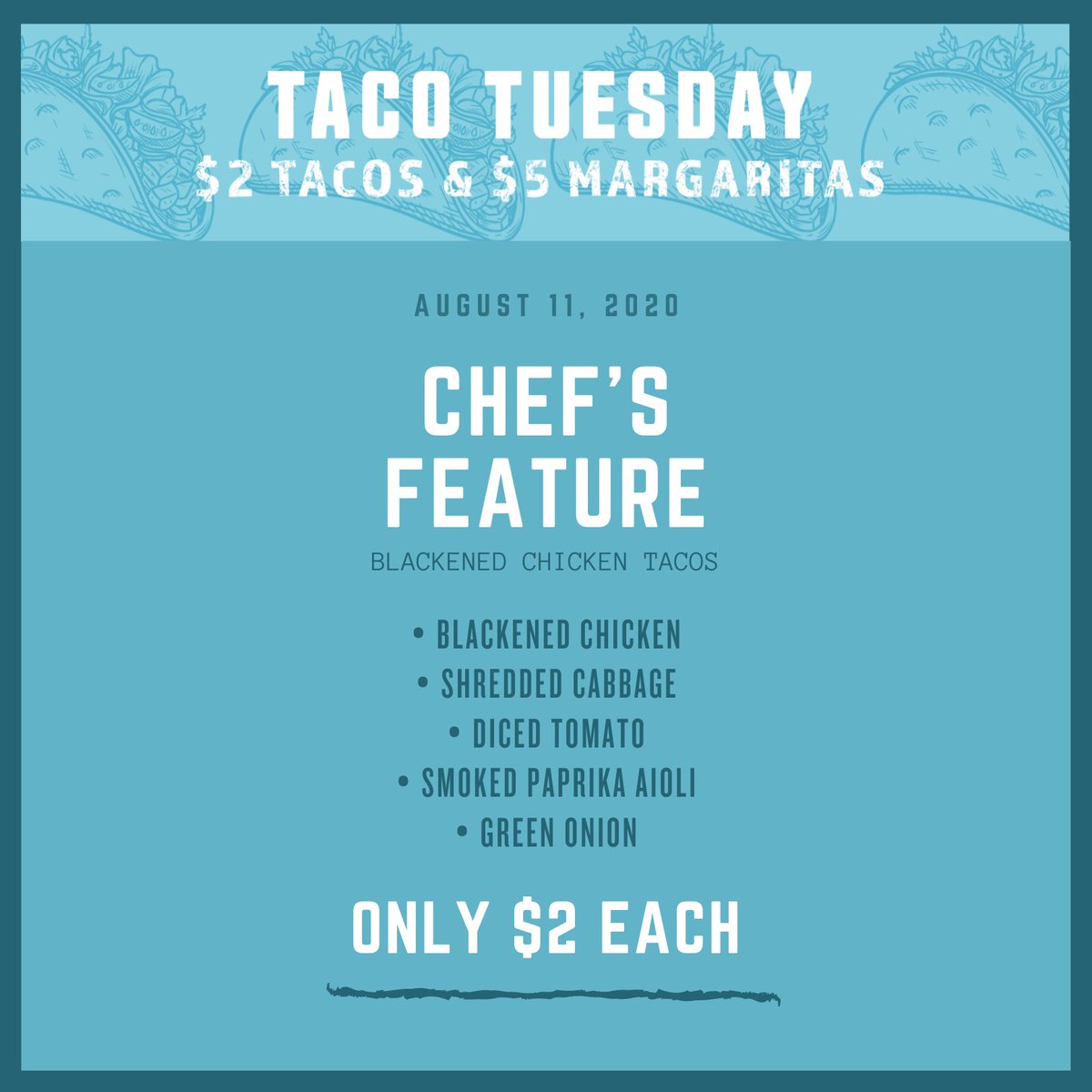 Today's order: tacos with a side of tacos, please! 

It's safe to say that you're going to love today's featured taco. 🌮 They're made with blackened chicken, shredded cabbage, diced tomato, smoked paprika aioli, and green onion. Get them tonight for just $2 each!