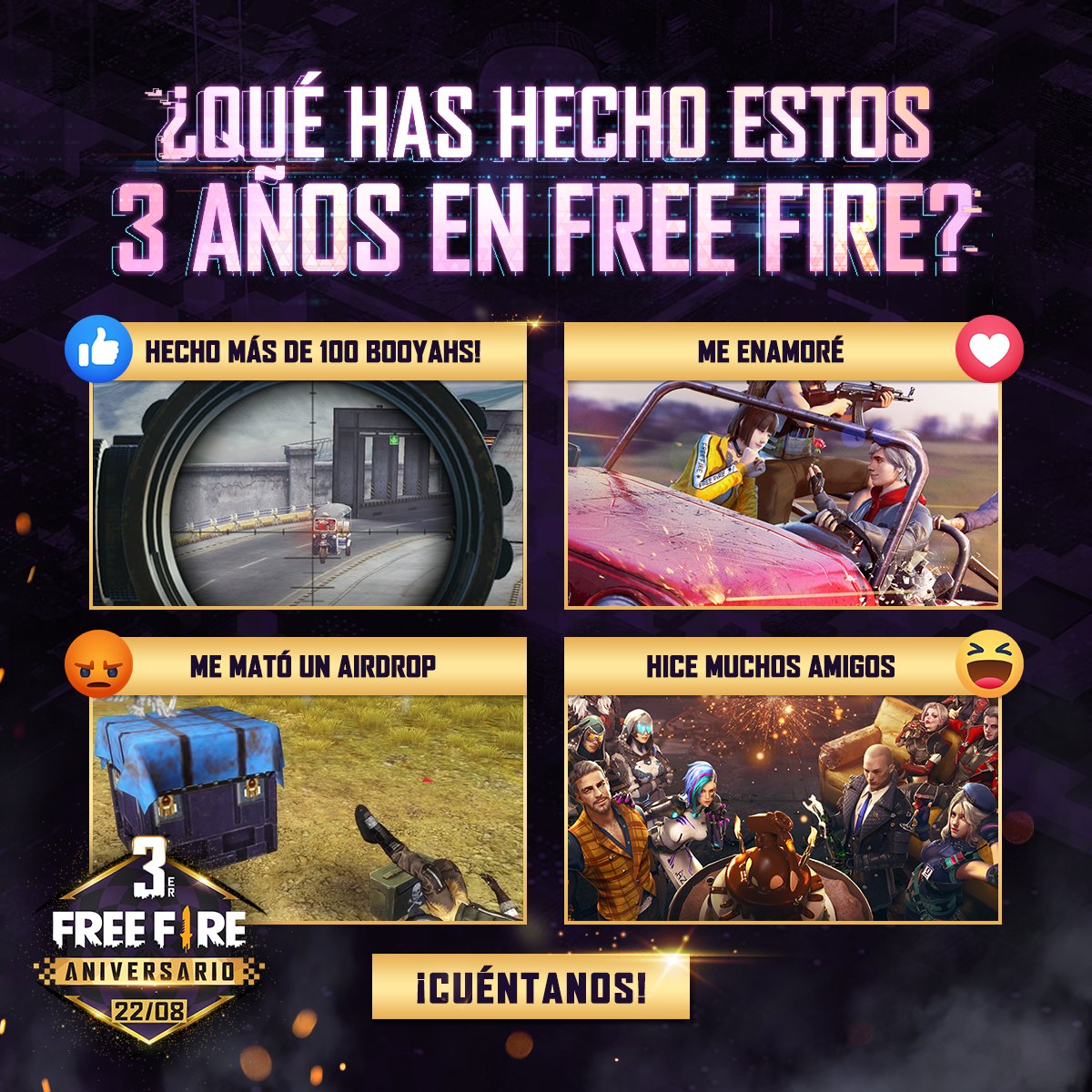 FreeFireARGOk's tweet photo. Free Fire es más que un juego, es un lugar donde pasamos momentos divertidos y conocemos personas increíbles.. 🥰💜

¡Cuéntanos! 🤗 ¿Tú que has hecho durante esta evolución? 

#3añosdeFF https://t.co/3h8nrWi4Iu https://t.co/b5G48daMTU