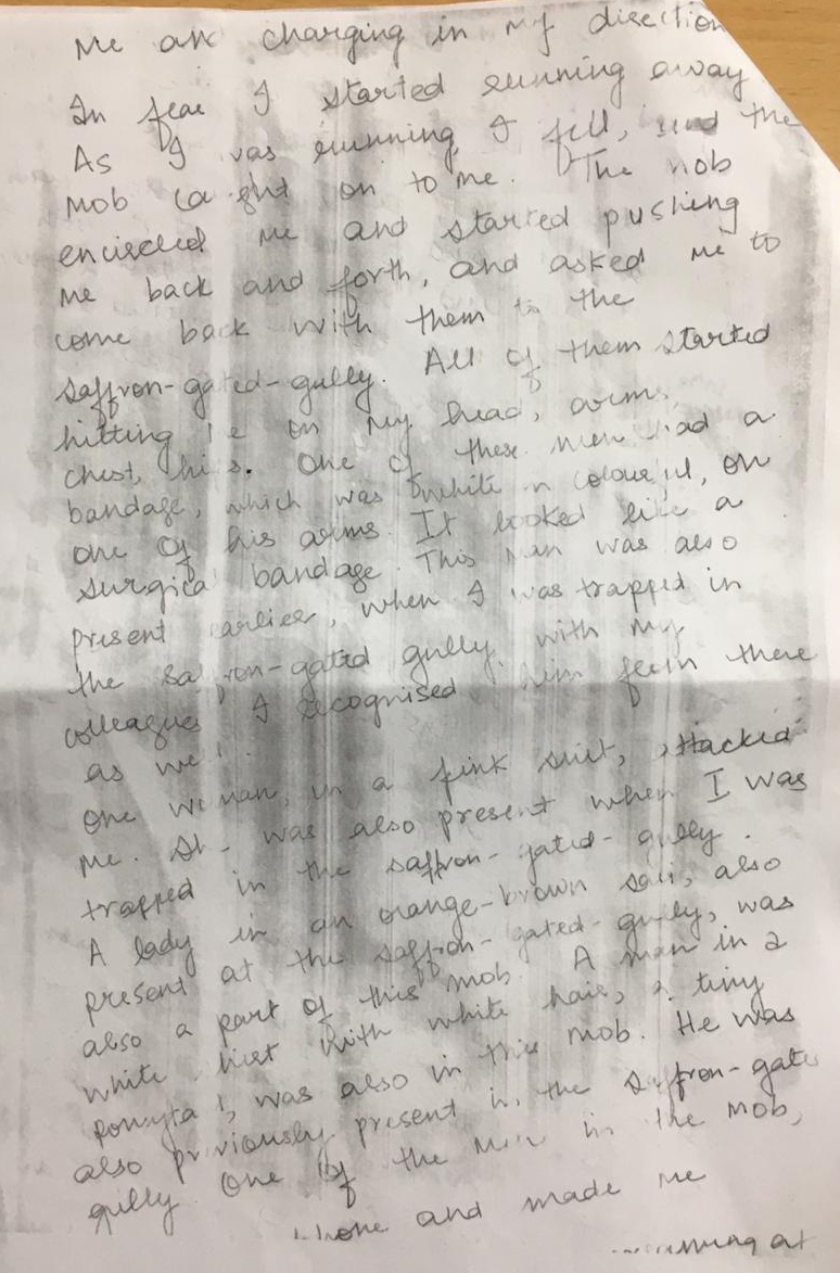 As the woman staffer ran and attempted to reach the Bhajanpura station, the mob attacked her again. The attackers beat her on her head, arms, hips and chest. The man in the saffron kurta was among them, as were two women.