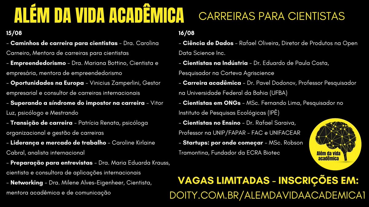 Milene Alves-Eigenheer (@mileneaae) on Twitter photo Já parou para pensar onde você, cientista, pode atuar além da carreira acadêmica?
Se você quer saber mais sobre isso, confira o evento que eu e a <a href="/dudakrauss/">Maria Krauss</a> estamos organizando nesse fim de semana sobre carreiras para cientistas: doity.com.br/alemdavidaacad… Já parou para pensar onde você, cientista, pode atuar além da carreira acadêmica?
Se você quer saber mais sobre isso, confira o evento que eu e a <a href="/dudakrauss/">Maria Krauss</a> estamos organizando nesse fim de semana sobre carreiras para cientistas: doity.com.br/alemdavidaacad…
