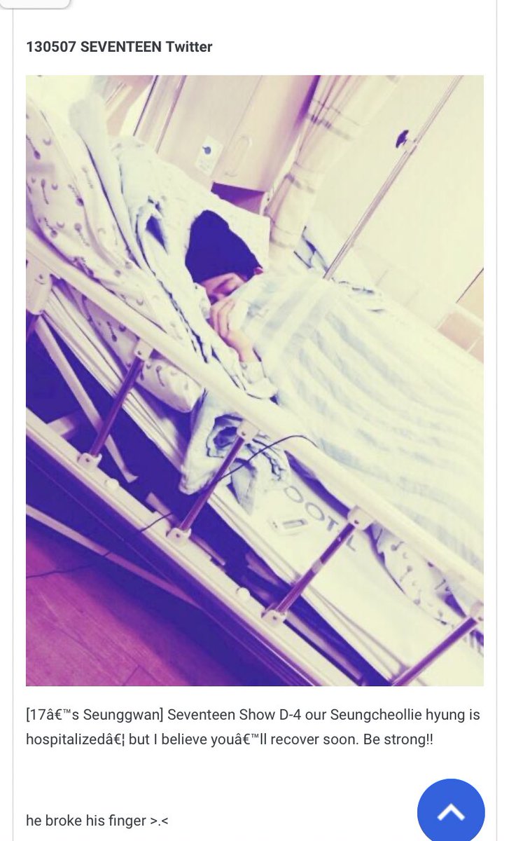 Decided to go thru an old 17 forum from pre debut days and first post is about seungkwan tweeting that cheol was in the hospital because he broke his finger :(