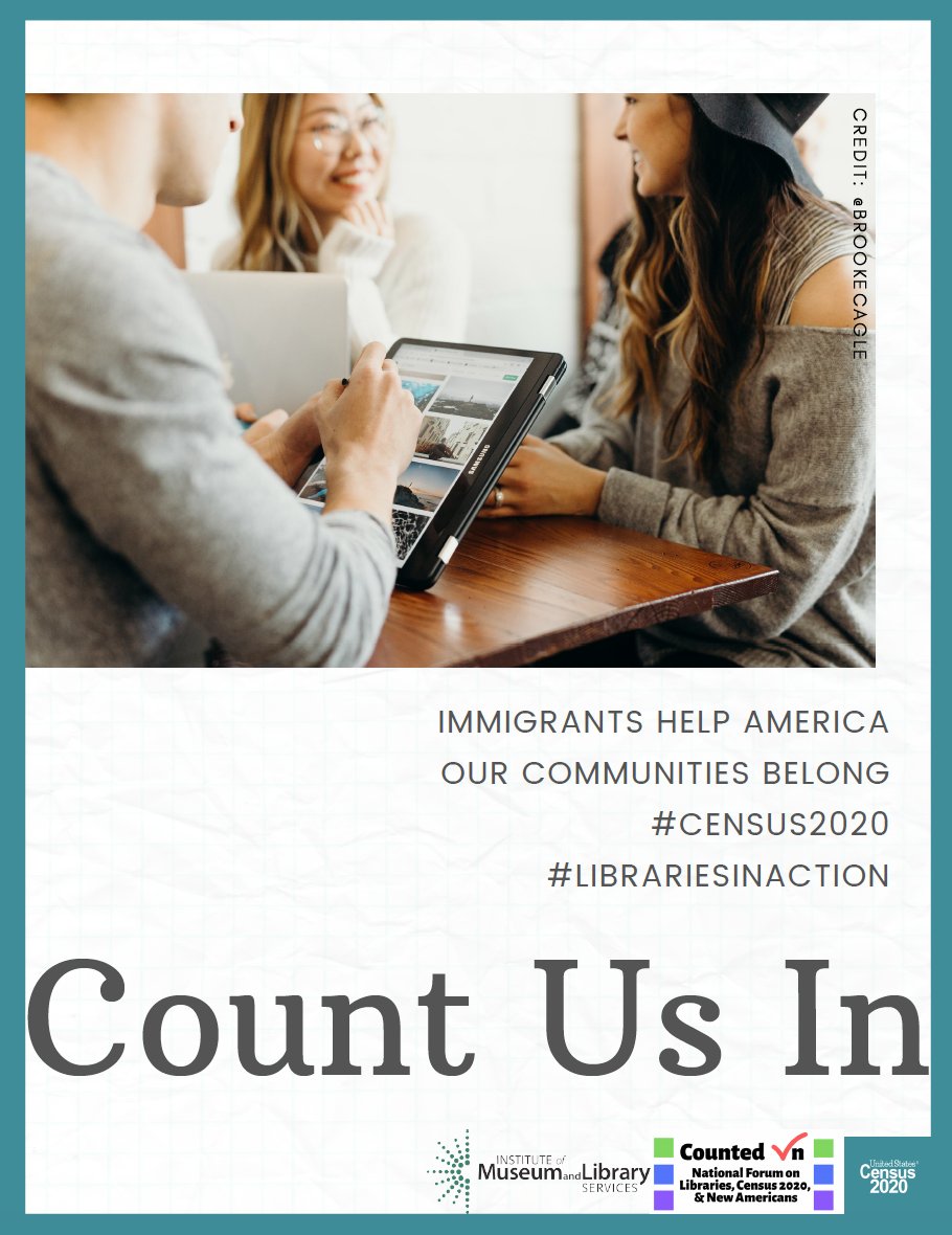 GoCountedIn's tweet photo. Available now:
Updated, free Census 2020 Outreach material for immigrant organizations &amp; libraries. Visit https://t.co/UrU7PEieQM

With less than 60 days before field counts end, the work of including immigrant communities is paramount. #LibrariesInAction #CountUsIn https://t.co/lqqvXVU3yV