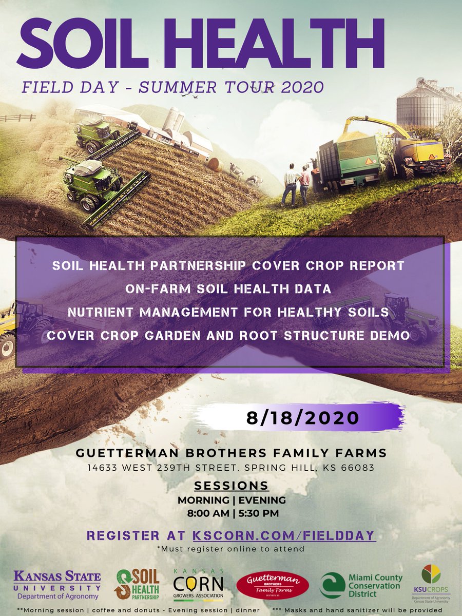 Don't miss the #SoilHealth Field Day promoted by @KStateAgron, @kscorn, and @SoilPartners. Aug. 18 in Spring Hill. #Masks and #handsanitizer will be provided. Must register to attend: kscorn.com/fieldday
#covercrops #nutrientmanagement #roots #OnFarm