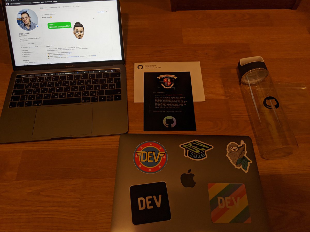 EnzoConty's tweet photo. Just received my @GitHubEducation goodies since I participated in the #octograd2020 ! Im now ready to be even more hydrated this summer ! And to have a few stickers more on my laptop ! Thank you @github @GitHubEducation https://t.co/nxVLWLlFCg