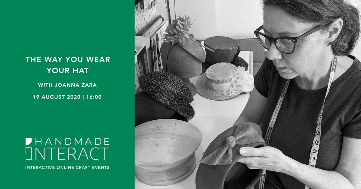 JZMillinery's tweet photo. Excited to announce that on Wed 19th Aug at 4pm I'll be delivering a live workshop: "The Way You Wear Your Hat" for @handmadebritain for their #handmadeinteract series.
Style and shape tips and a sneaky peek round my studio!
It's FREE just register here:
https://t.co/gAvuEVZ2D0 https://t.co/m9qCPLn93h