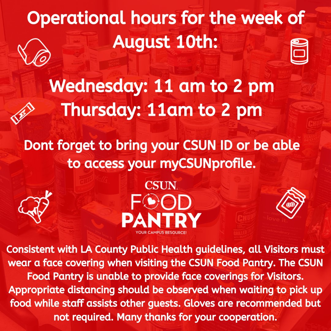 csunfoodpantry's tweet photo. Hey Matadors!

Treat yourself with a bag of shelf stable items this week!🛍️

We are operational on Wednesday and Thursday from 11 am to 2 pm!☺️😊 https://t.co/AbEqxT6Zel