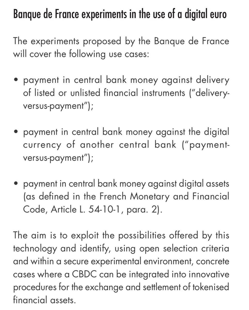  @banquedefrance CBDC use cases - CBDC DvP - CBDC PvP (Cross Border)- CBDC v Digital Assets PDF:  https://www.banque-france.fr/sites/default/files/medias/documents/bdf-230-1_digital-currencies_en.pdf #CBDC