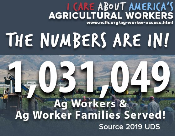 NCFHTX's tweet photo. Health Centers served more than 1 MILLION Ag workers &amp; their families in 2019! Let's continue to work together &amp; build on this momentum to ensure #AgWorkerAccess to quality health care! Join the Campaign today!! https://t.co/65p8rIEUc2 #NHCW20 #ValueCHCs #NCFHTX https://t.co/JlYl9DBU2f