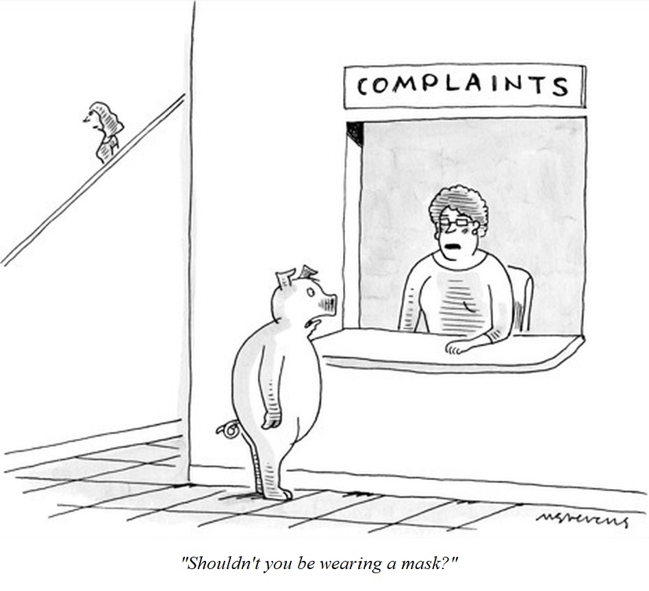 Trying out a new universal  @NewYorker cartoon caption. Thinking it might work."Shouldn't you be wearing a mask?"