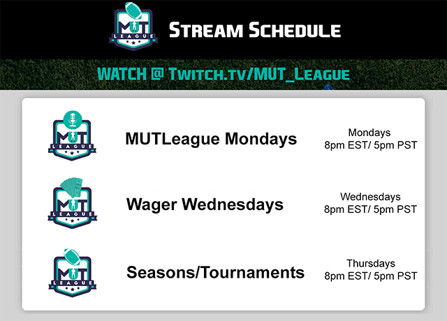 realMUTLeague's tweet photo. 2021 MUTLeague Stream Schedule - More info coming soon! #madden #madden21 #mutleague https://t.co/gUyO4xfkZ0