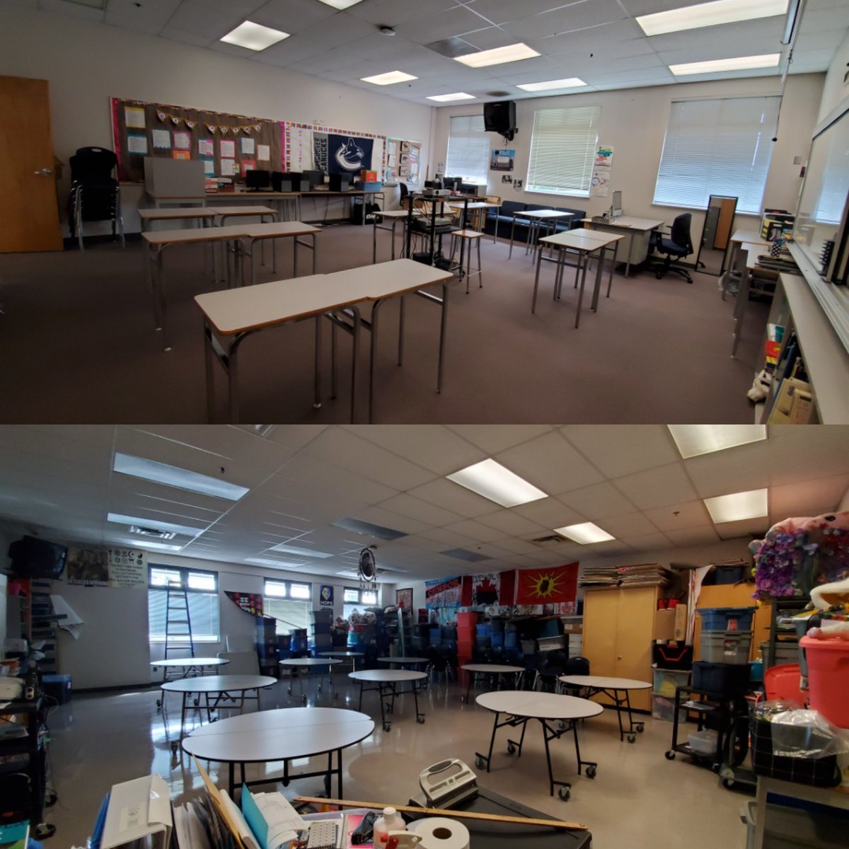 What you will notice in all the pictures, there is simply no way to fit even 20 students into any type of classroom: band room, portable to regular size room. We teachers spent agonizing days trying to configure our rooms for June and for Sept.  @adriandix  @jjhorgan