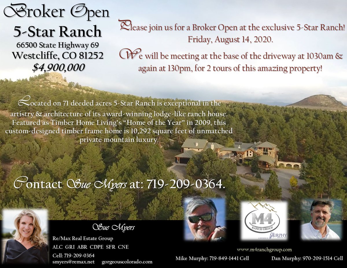 We will be having a #BrokerOpen Ranch Tour of the magnificent 5 Star Ranch, this Friday, August 14, 2020 just outside #Westcliffe, #Colorado.

Please share! :)

66500 State Hwy 69
Westcliffe, Colorado
81252
$4,900,000

#HomesLandRanches
#M4RanchGroup

@landhub @JoyPublicity