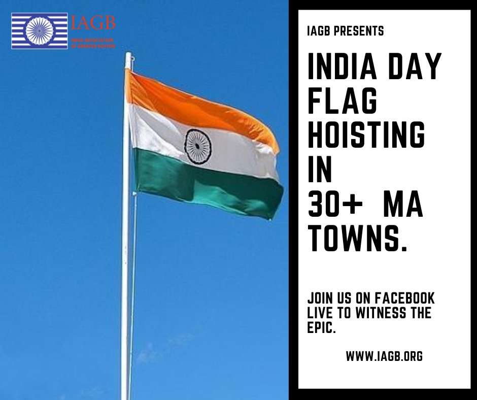 iagb's tweet photo. Come join us LIVE to witness the flag hoisting and flying  in 30+ towns around MA to honor India's 74th Independence Day!
More information on date and time of the hoisting along with the link to watch the FB live will be shared shortly for each town. 
#indiaIndependenceDay https://t.co/OysHHTBmDr