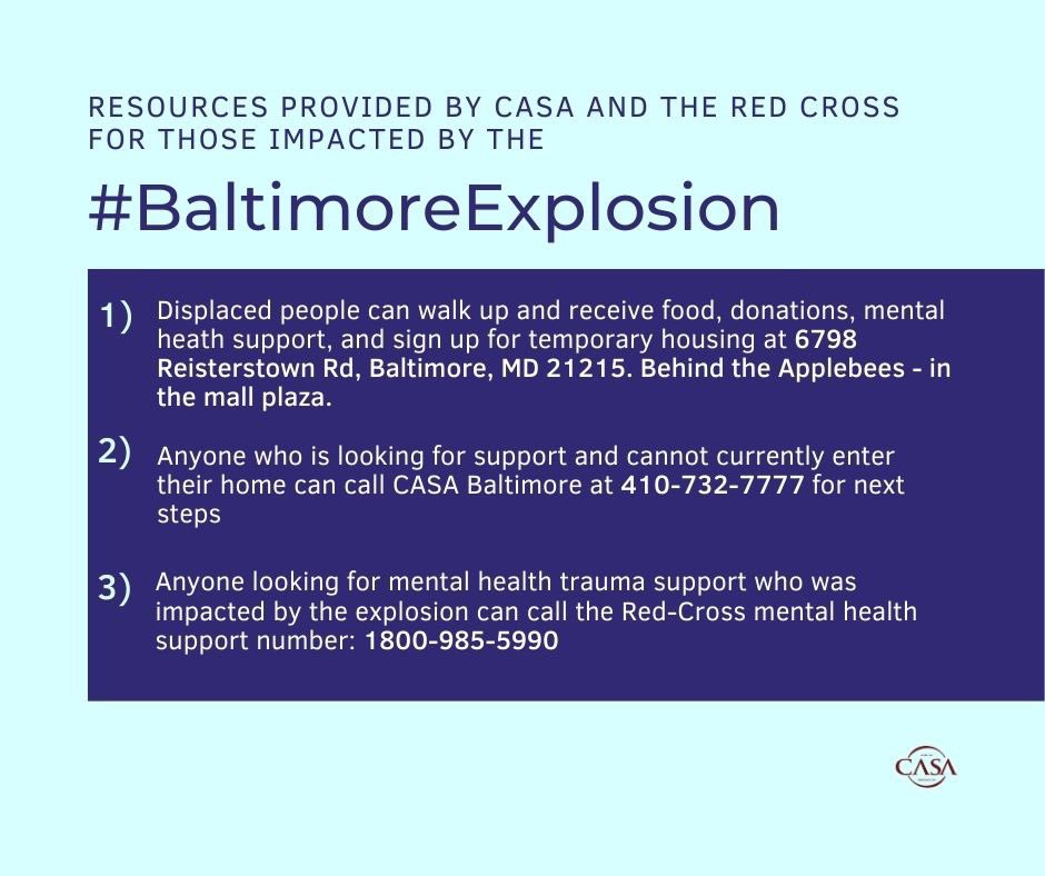 CASAforall's tweet image. Please share that CASA and the Red Cross are supporting families affected by the #BaltimoreExplosion. If you need food, temporary housing, mental health support, contact CASA.