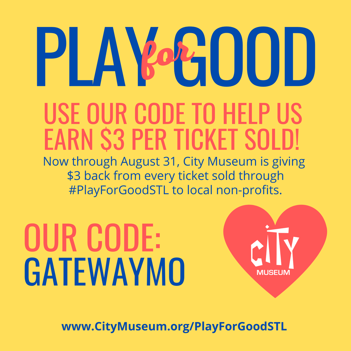 gateway180stl's tweet photo. Calling all @citymuseum lovers! 🗣

Use our code, "GATEWAYMO" when purchasing tickets to the City Museum and $3 of each ticket sold will be donated to Gateway180 all month long! #PlayForGoodSTL

Get your tickets today at https://t.co/KH5Yj4mUlF! https://t.co/66SeQSyPkE