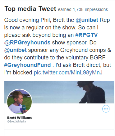 porkys22's tweet photo. Still awaiting answer/clarification @unibet , appreciate an answer. Do you contribute to UK Greyhound racing "voluntary levy" , British Greyhound Racing Fund #BGRF . Quote "significant difference to our ability to provide the best welfare and integrity measures for the sport"? https://t.co/dNBXMeEE6w