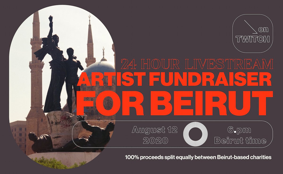 24 hour artist livestream fundraiser for #Beirut - it starts tomorrow (Wed) at 8 am Pacific (6 pm in Lebanon). 
100% proceeds split equally across Beirut-based charities working on the ground: ow.ly/2E7850AWQqT

Program: instagram.com/p/CDtl_GIlb8k
More: ow.ly/zF6j50AWQsw