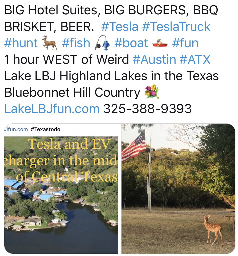 BoatersBistro's tweet photo. https://t.co/SSjHutrdIJ @HighlandLakeLBJ #Texas #Tesla #outdoorfun #boating #fishing #VacationRentals #COVID19 https://t.co/rOOw3KbpNP
