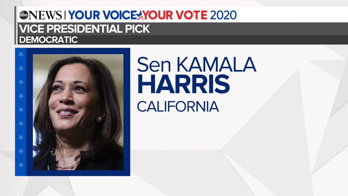 BREAKING: Joe Biden selects Sen. Kamala Harris as his running mate for the 2020 presidential election. abcn.ws/3aivNWx